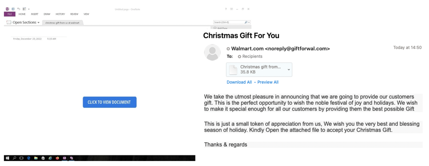 Christmas gift-themed lures containing OneNote attachments to deliver AsyncRAT